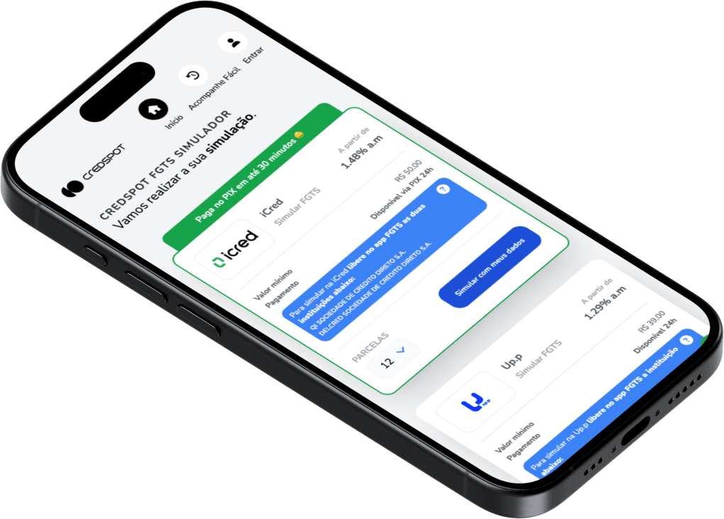 Mockup de um celular com a CredSpot Simulador FGTS na tela