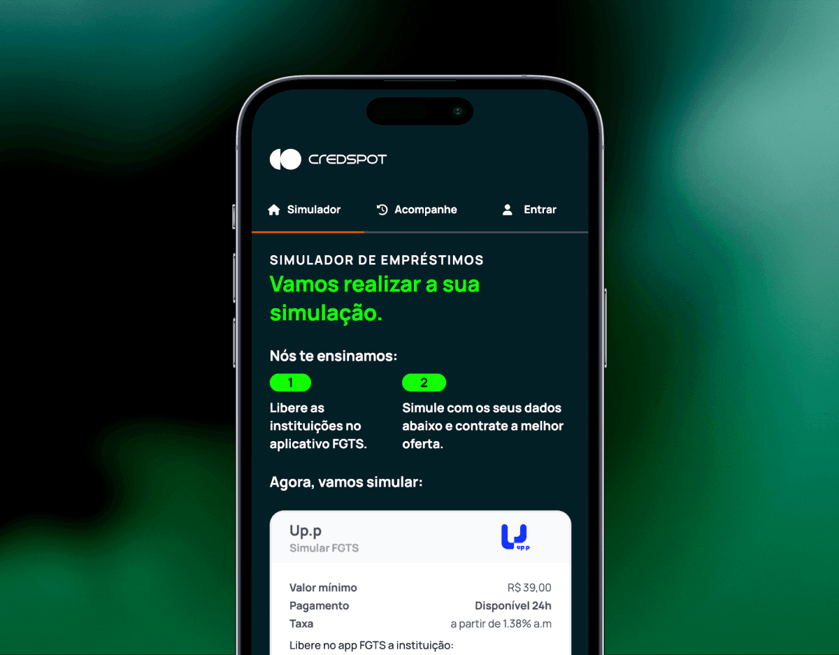 Mockup de um celular com a CredSpot Simulador FGTS na tela